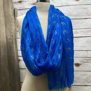 Handmade Blue Scarf from Royal Mirage Dubai Wrap Gold Stamped Fish Hemmed Edge